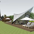 Modern Geometric Hotel Building With Windmill Outdoor Lawn And Lounge Chairs