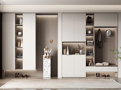 Modern Shoe Cabinet Interior Design With Storage Shelves Hanging Area Bench Lighting And Decor 3d model