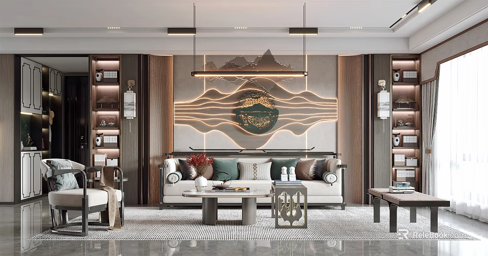 Chinese Style Living Room With Landscape Pattern Backdrop Wall Elegant Sofa Coffee Table And Bookshelves 3d model 