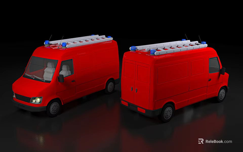 Red Fire Emergency Vans With Roof Ladders And Blue Emergency Lights 3d model 