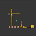 Various Colored Construction Vehicles And Yellow Crane At Work Site Scene
