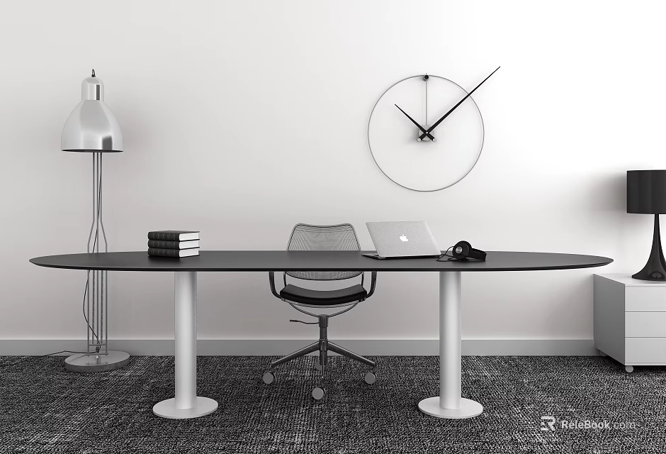 Modern Office Desk With Laptop Headphones Books Round Clock Floor Lamp And Chair 3d model 