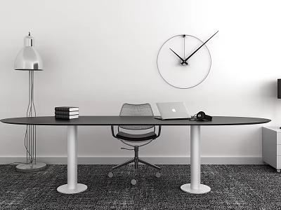 Modern Office Desk With Laptop Headphones Books Round Clock Floor Lamp And Chair 3d model