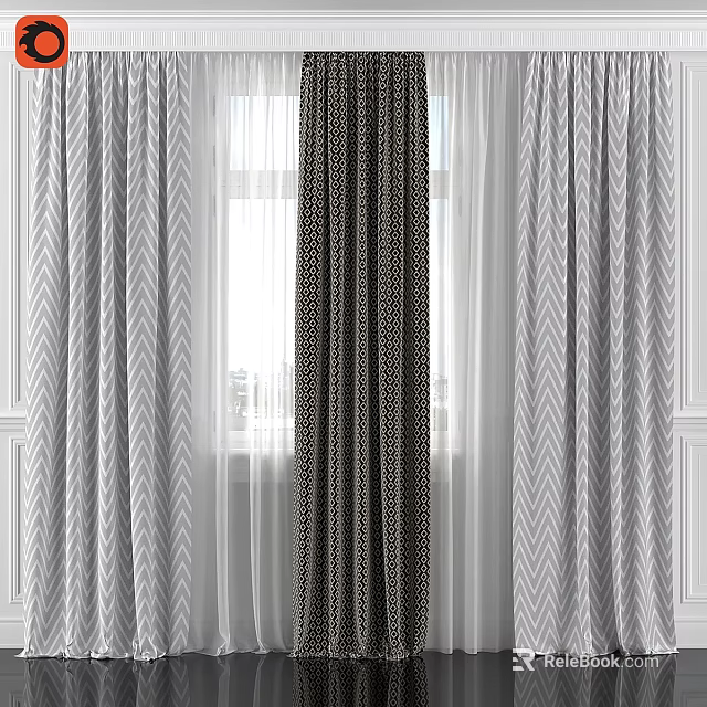 Gray Chevron Curtains With Dark Polka Dot Panel And Sheer White Layers For Window 3d model 