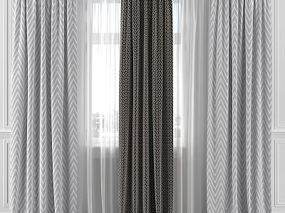Gray Chevron Curtains With Dark Polka Dot Panel And Sheer White Layers For Window 3d model