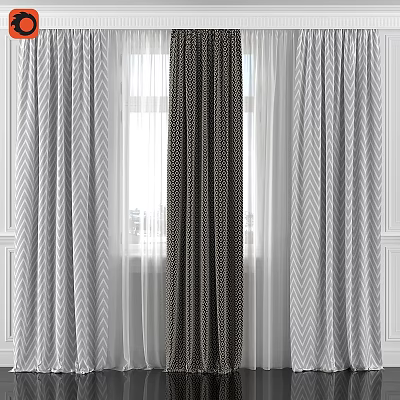 Gray Chevron Curtains With Dark Polka Dot Panel And Sheer White Layers For Window 3d model