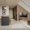 Modern Living Room Interior Design With Black Leather Sofa Checkered Rug And Wooden Furniture