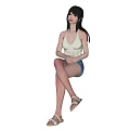Women Sitting In Poses Wearing White Tank Tops Blue Denim Shorts Sandals On Black Background