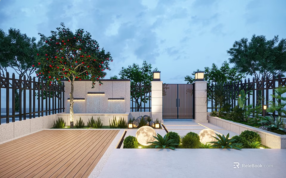 Serene Courtyard Garden With Wooden Deck Stone Wall Fountain Lamp Posts Greenery And Round Lights 3d model 