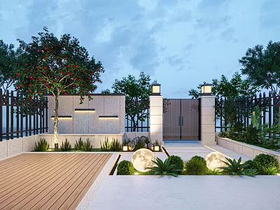 Serene Courtyard Garden With Wooden Deck Stone Wall Fountain Lamp Posts Greenery And Round Lights 3d model