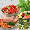Fresh Salmon Dish With Cherry Tomatoes Green Vegetable Balls Mint Drink And Spices