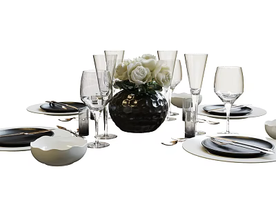 Elegant Tableware Set with Plates Bowls Wine Glasses and White Roses in Black Vase 3d model