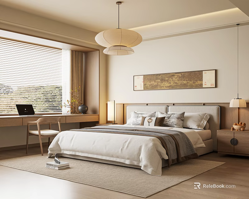 Cozy Modern Bedroom Interior With Large Bed Decorative Painting Blinds And Desk 3d model 