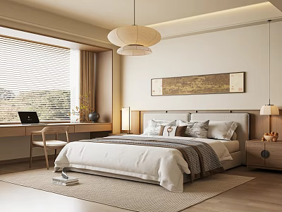 Cozy Modern Bedroom Interior With Large Bed Decorative Painting Blinds And Desk 3d model