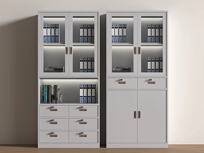 White Office Filing Cabinets with Glass Doors Drawers And Organized Files Books 3d model