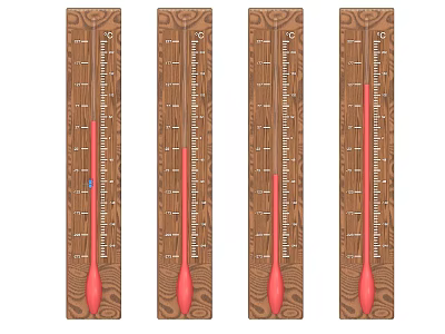 Four Wooden Thermometers With Red Liquid Columns And Wood Grain Texture 3d model