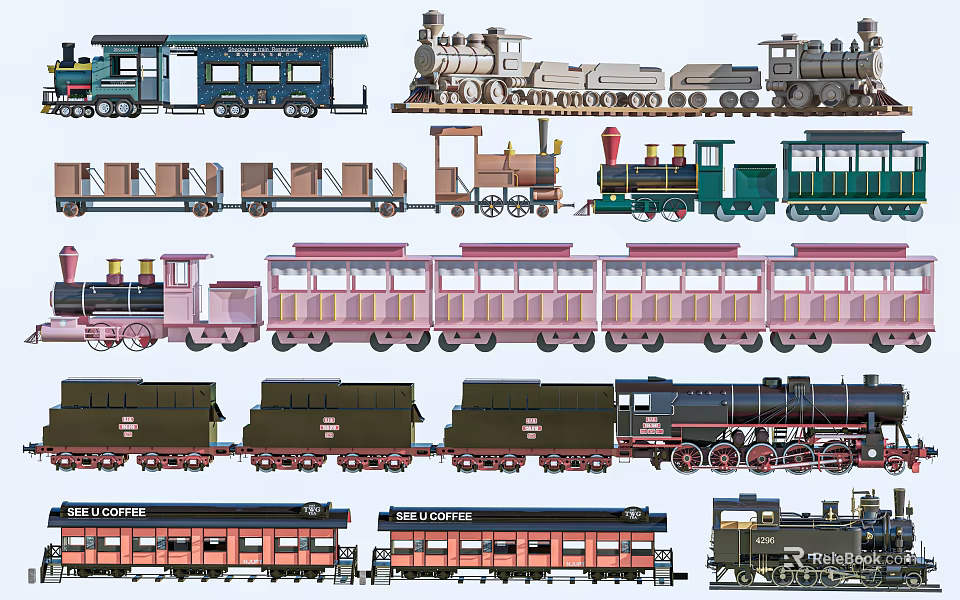Variety Of Vintage Train Types And Carriages 3d model 