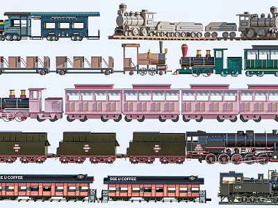 Variety Of Vintage Train Types And Carriages 3d model Variety Of Vintage Train Types And Carriages 3d model