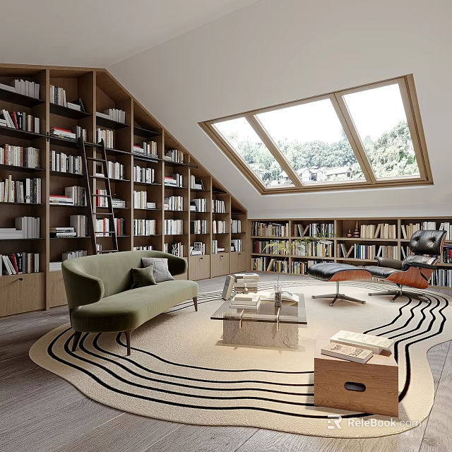 Attic Living Space With Skylights Built In Bookshelves And Modern Seating 3d model 