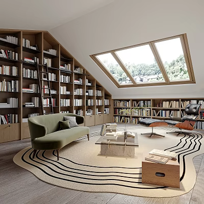 Attic Living Space With Skylights Built In Bookshelves And Modern Seating 3d model