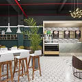 Cozy Modern Café Interior With Green Walls Hanging Lights Decorative Plants And Patterned Floor