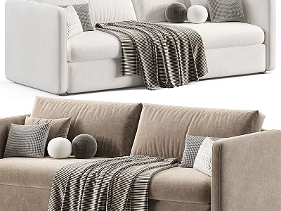 Modern Sofa Interior Design with Cozy Neutral Pillows and Striped Blanket 3d model