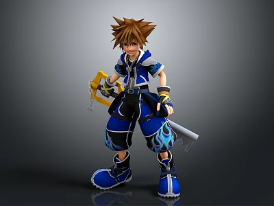 3D Render Of Anime Character With Brown Spiky Hair Blue Outfit Keyblade And Flame Patterns 3d model