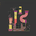 Ornate Architectural Scene Component With Colorful Columns Curved Pipes And Red Accents