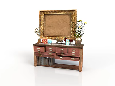 Vintage Wooden Dresser With Golden Framed Mirror And Decorative Items On Top 3d model