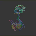 Abstract Green Purple Blue Creature With Twisted Flowing Lines And Dark Gradient Background Reflection