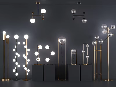 Modern Lighting Combinations With Golden Stands White Bulbs And Black Bases 3d model