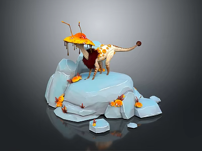Fantasy Creature 3D Model Standing On Ice Block With Small Fish And Orange Elements 3d model