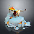 Fantasy Creature 3D Model Standing On Ice Block With Small Fish And Orange Elements 3d model