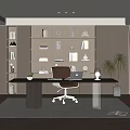Modern Study Room Interior With Built in Bookshelves Wooden Desk Ergonomic Chair And Potted Plant