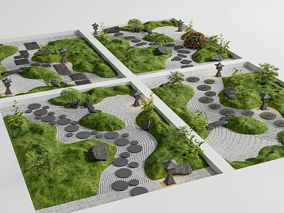 Courtyard Garden Design With Stone Paths Green Lawns And Decorative Stones 3d model