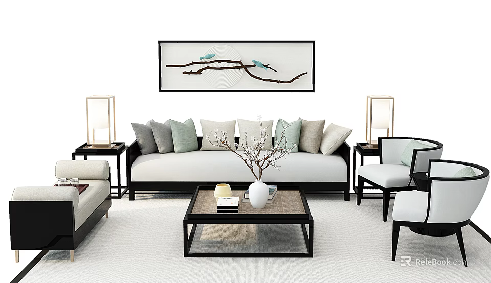 Modern Sofa Coffee Table Set With Decorative Pillows Table Lamps And Artwork 3d model