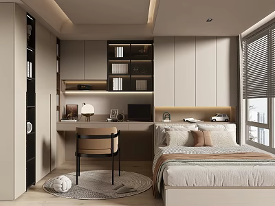 Tatami Bedroom Modern Minimalist Interior With Tatami Bed Desk Chair Storage Cabinets And Window Blinds 3d model