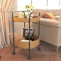 Modern Two Tier Rattan Side Table With Metal Frame And Wheels For Living Room