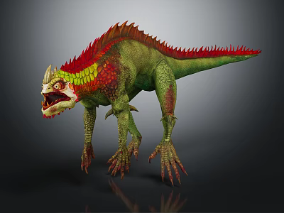 Fierce Dinosaur Like Creature With Green Body Red Spiked Back Open Mouth And Sharp Claws 3d model