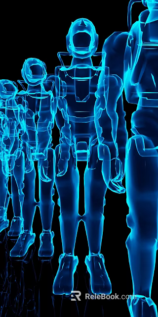 Game Movie Character Blue Transparent Humanoid Outline 3D Modeled X-ray Effect Multiple Arranged Black Background 3d model 