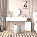 Modern Elegant Dressing Table With White Countertop Gold Metal Legs Round Mirror Cosmetics And Orange Stool