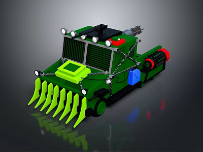 Green Utility Vehicle With Front Spikes Multiple Roof Lights And Side Chains 3d model