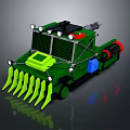 Green Utility Vehicle With Front Spikes Multiple Roof Lights And Side Chains