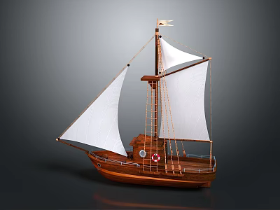 Wooden Sailboat Model With White Sails Mast Small Flag And Wooden Hull 3d model