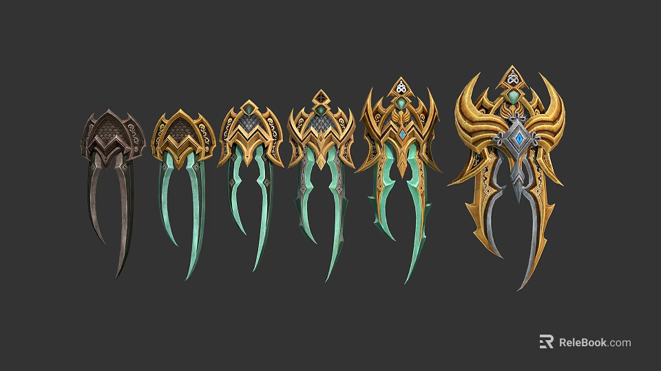 Intricate Claw Weapons With Golden Accents Green Elements And Ornate Gems 3d model 