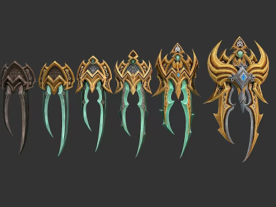 Intricate Claw Weapons With Golden Accents Green Elements And Ornate Gems 3d model