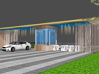 Modern Entrance Gate With Glass Curtain Wall Metal Frame Green Lawn And Gray Paved Ground 3d model