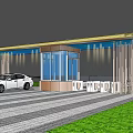 Modern Entrance Gate With Glass Curtain Wall Metal Frame Green Lawn And Gray Paved Ground