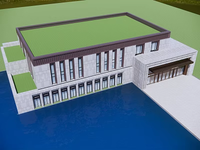 Modern Sales Office Building With Green Roof Stone Facade Large Windows And Water Surrounding 3d model