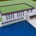 Modern Sales Office Building With Green Roof Stone Facade Large Windows And Water Surrounding